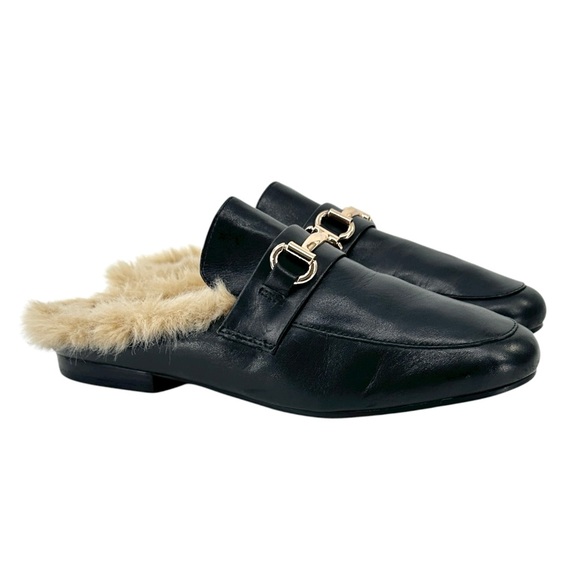 Steve Madden Jill Mule - Faux Fur Lined Black Leather Flats Mules - Picture 1 of 7